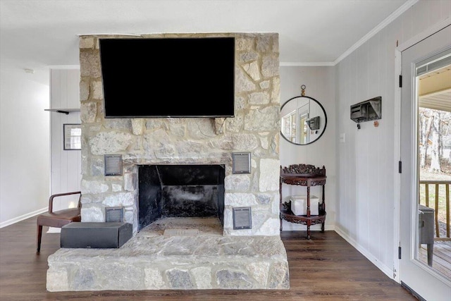 details featuring ornamental molding, a stone fireplace, and wood-type flooring