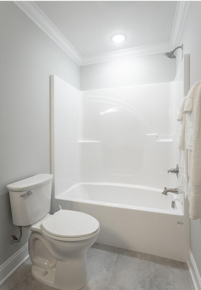 bathroom featuring toilet, shower / bathtub combination, and ornamental molding