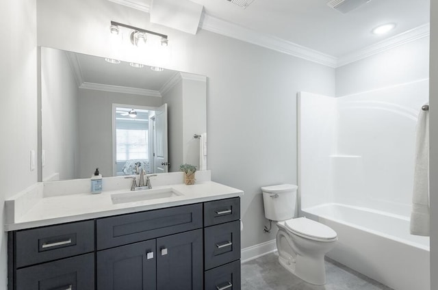 full bathroom featuring ceiling fan,  shower combination, toilet, vanity, and ornamental molding