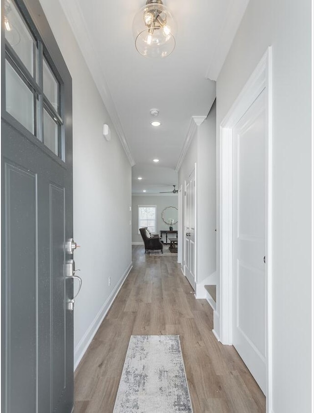 interior space with light wood-type flooring and ornamental molding