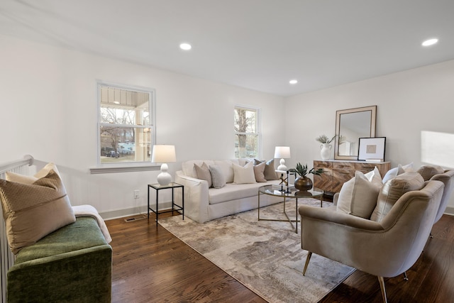 living room with dark hardwood / wood-style flooring