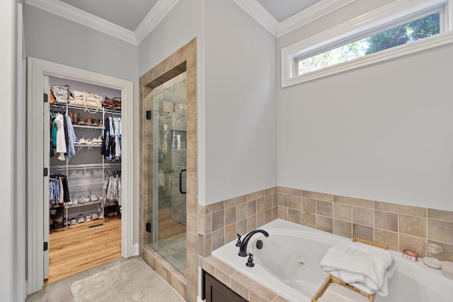 bathroom with ornamental molding, tile patterned flooring, and separate shower and tub