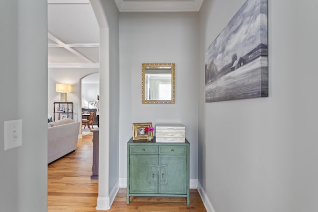 hall featuring hardwood / wood-style floors, coffered ceiling, and beamed ceiling