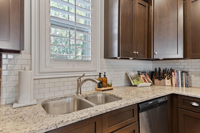 kitchen featuring light stone countertops, sink, decorative backsplash, and stainless steel dishwasher