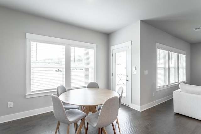 dining space featuring dark wood-type flooring