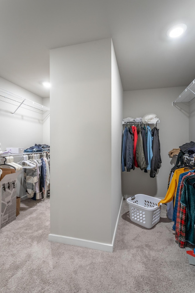 walk in closet with light colored carpet