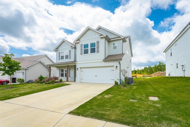 craftsman house featuring central AC, a front yard, and a garage