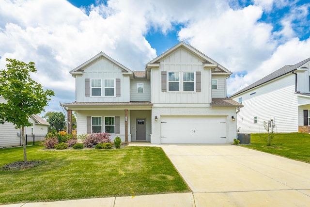 craftsman-style home featuring central AC, a front yard, and a garage