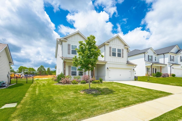 craftsman house with a front lawn and a garage