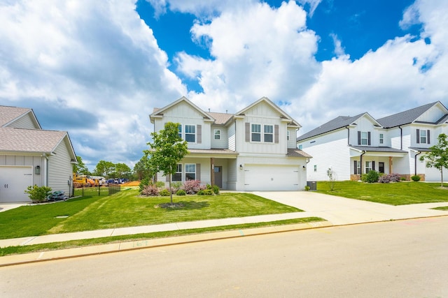 view of front of house featuring central AC unit, a front yard, and a garage