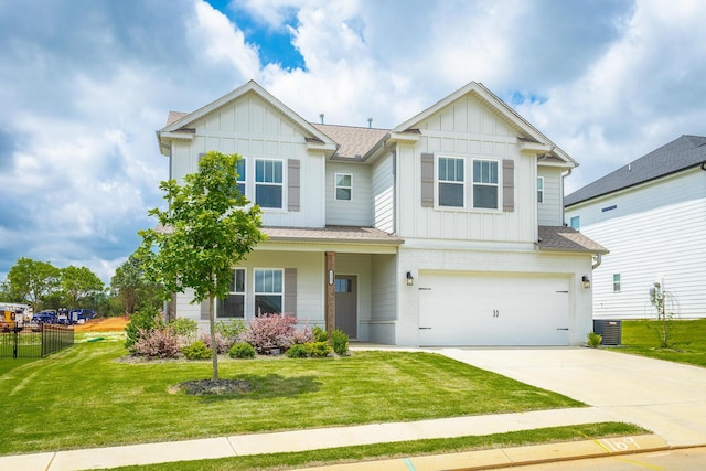 craftsman inspired home with a garage, central AC, and a front lawn