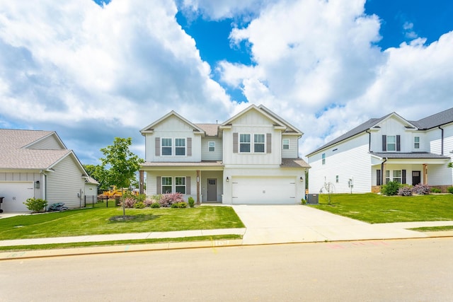 craftsman house featuring central AC unit, a front lawn, and a garage