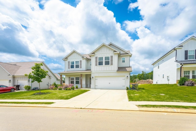 craftsman inspired home with a garage and a front lawn