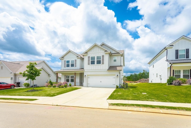 craftsman-style home with a garage and a front lawn