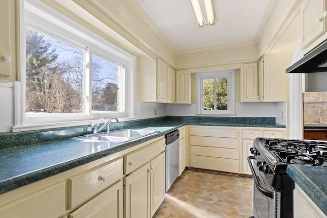 kitchen with black gas range oven, ornamental molding, stainless steel dishwasher, cream cabinets, and sink