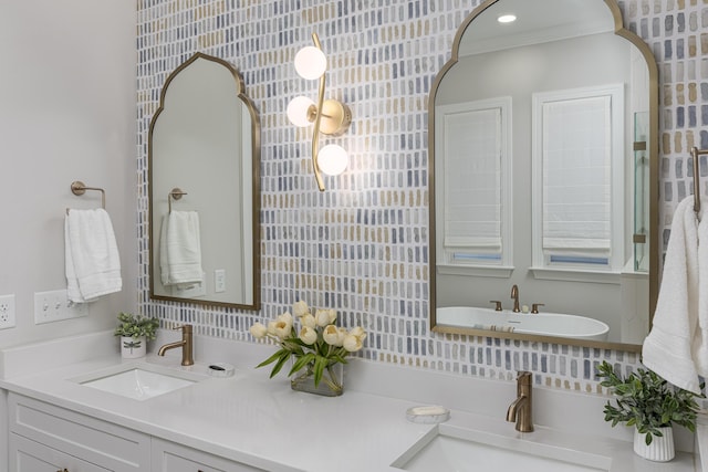 bathroom with ornamental molding and vanity