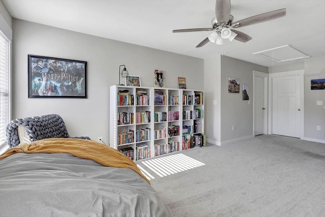 bedroom with ceiling fan and carpet floors