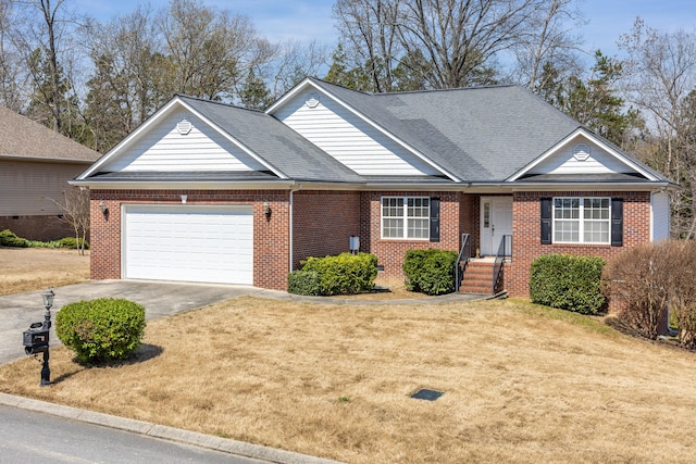 ranch-style home featuring a front yard and a garage