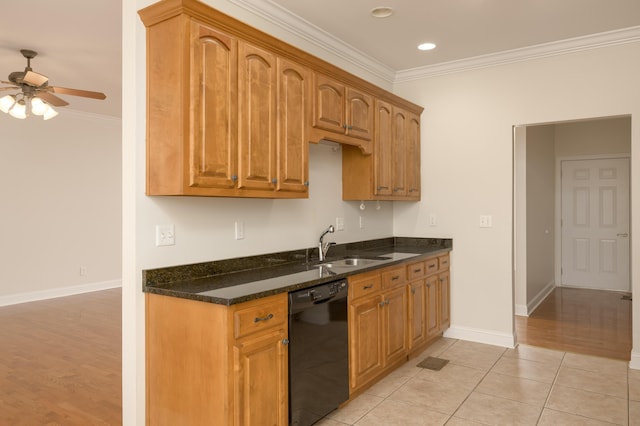 kitchen featuring ceiling fan, ornamental molding, dishwasher, and light tile patterned floors