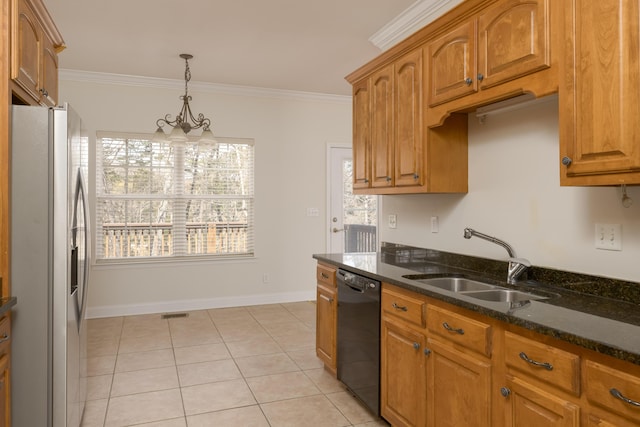 kitchen featuring decorative light fixtures, stainless steel refrigerator with ice dispenser, ornamental molding, black dishwasher, and sink