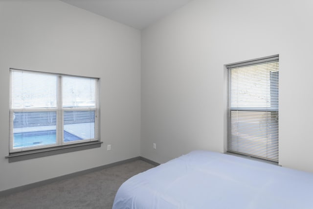 carpeted bedroom featuring multiple windows and vaulted ceiling