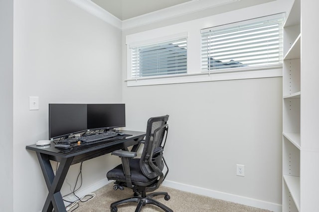 office area featuring a wealth of natural light, crown molding, and light colored carpet