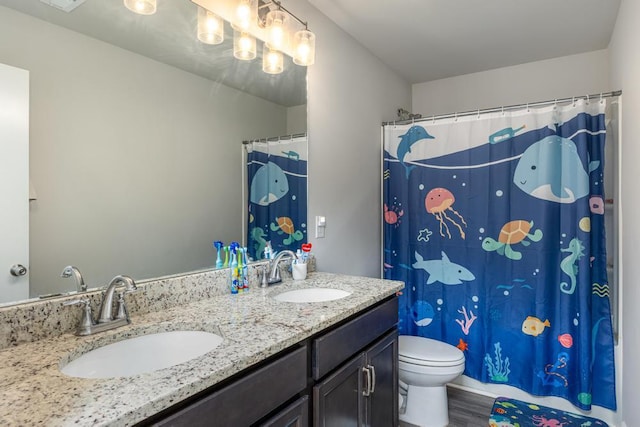 bathroom with toilet, vanity, and hardwood / wood-style floors