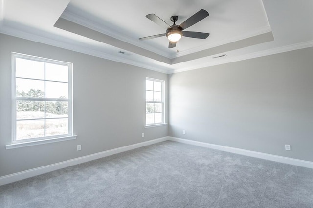 carpeted spare room featuring ceiling fan, crown molding, and a raised ceiling