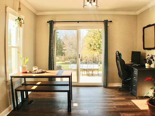 dining space featuring crown molding and dark wood-type flooring