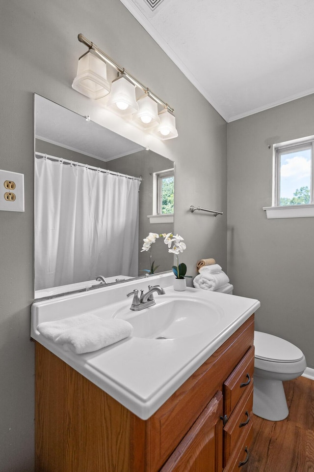 bathroom featuring hardwood / wood-style flooring, plenty of natural light, toilet, and vanity