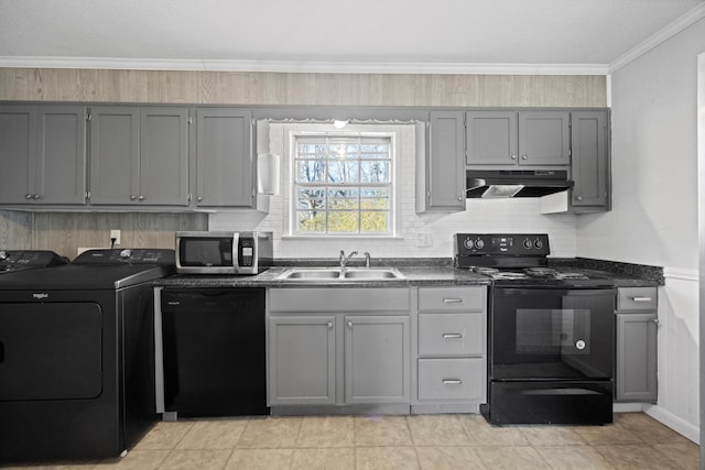 kitchen featuring black appliances, ornamental molding, gray cabinets, and sink