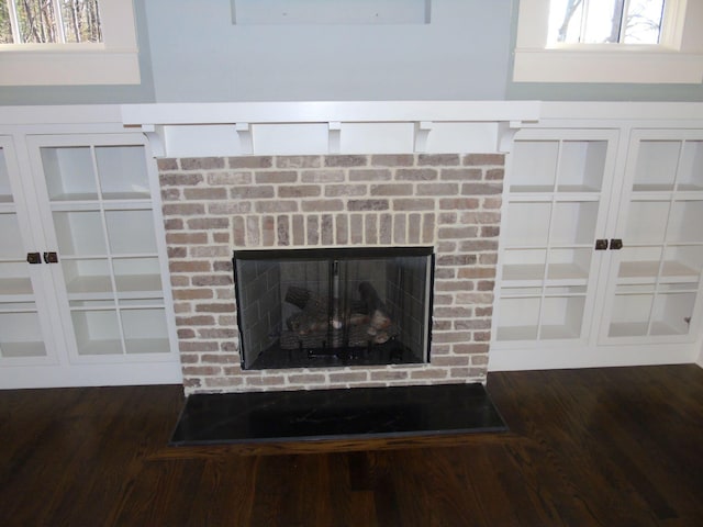 details featuring a fireplace and wood finished floors