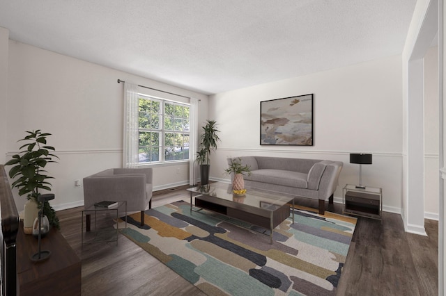 living room with a textured ceiling and dark hardwood / wood-style floors