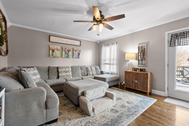 living area featuring wood finished floors, a ceiling fan, crown molding, and baseboards