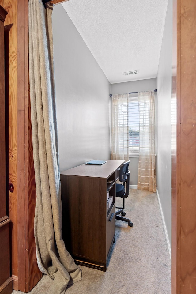 home office featuring light colored carpet, a textured ceiling, and baseboards