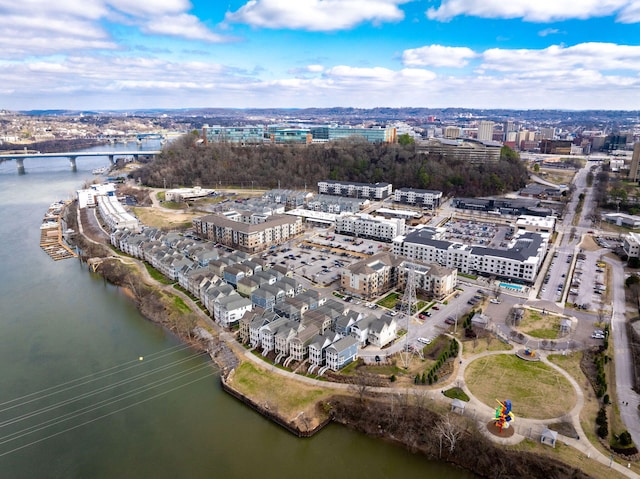 bird's eye view with a water view