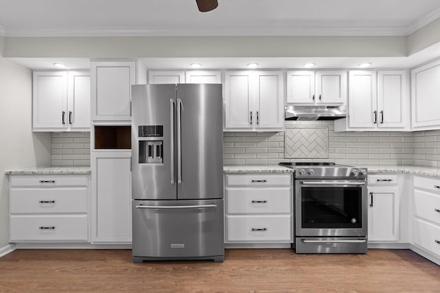 kitchen with stainless steel appliances, white cabinets, under cabinet range hood, and wood finished floors