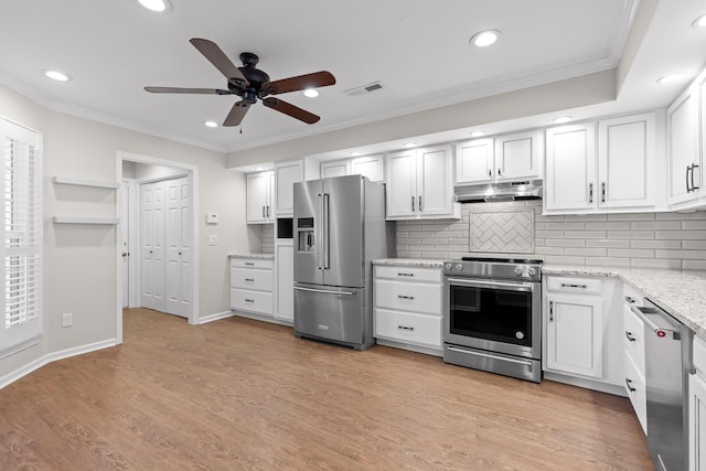 kitchen with visible vents, stainless steel appliances, white cabinets, and under cabinet range hood