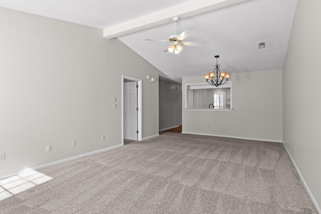 empty room with lofted ceiling with beams, baseboards, carpet floors, and ceiling fan with notable chandelier