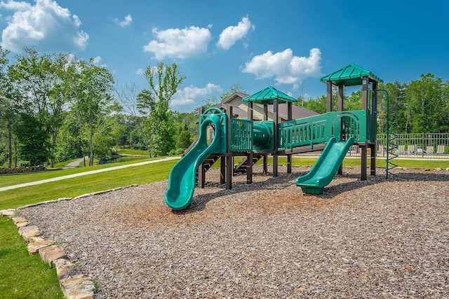 view of jungle gym featuring a yard