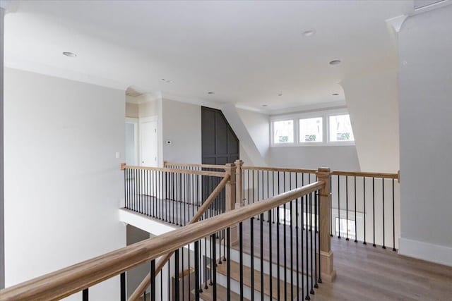 corridor featuring hardwood / wood-style flooring and ornamental molding