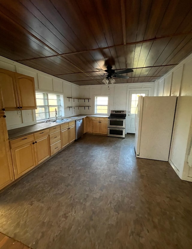 kitchen with stainless steel appliances, light brown cabinets, wooden ceiling, and sink