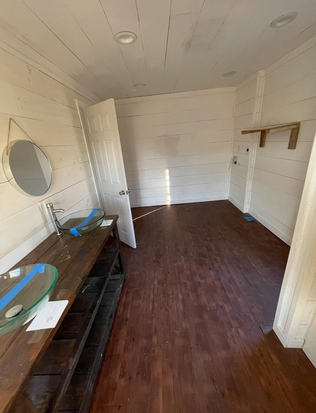 bathroom with wooden walls, vanity, and wood-type flooring