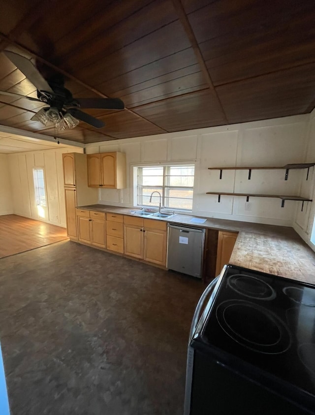 kitchen with sink, wooden ceiling, dishwasher, light brown cabinets, and electric stove