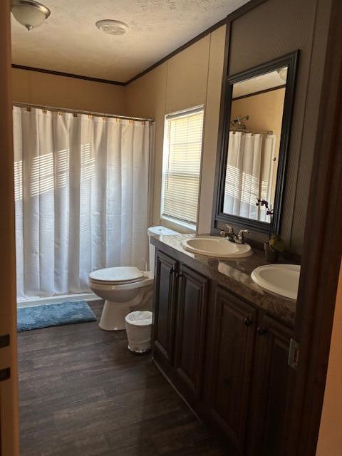 bathroom with toilet, a textured ceiling, walk in shower, wood-type flooring, and vanity