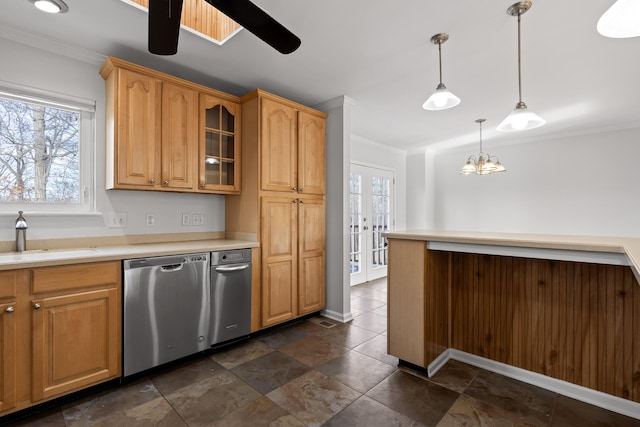 kitchen featuring plenty of natural light, hanging light fixtures, ornamental molding, stainless steel dishwasher, and sink