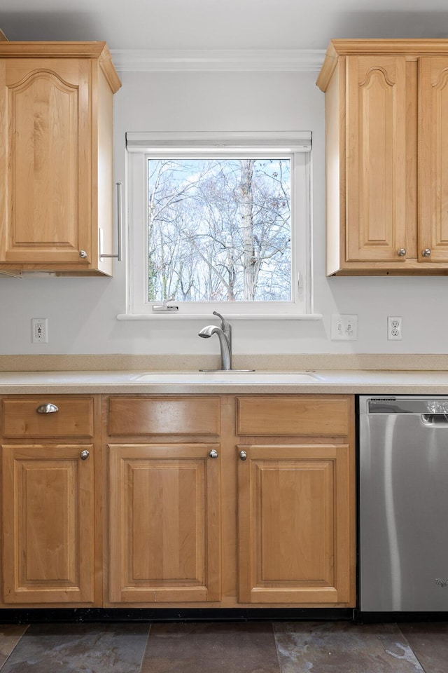 kitchen featuring a healthy amount of sunlight, stainless steel dishwasher, light brown cabinets, and sink