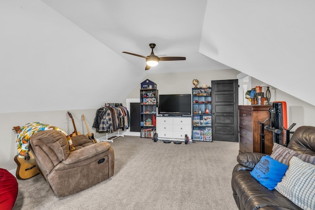 carpeted living room featuring ceiling fan and lofted ceiling