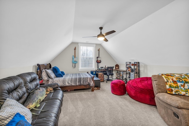 carpeted bedroom featuring ceiling fan and lofted ceiling