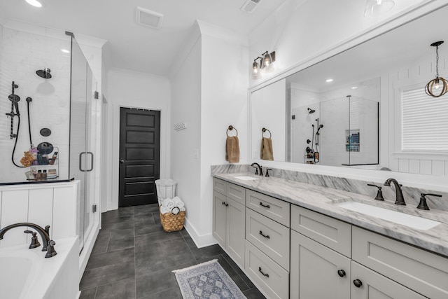 bathroom featuring ornamental molding, plus walk in shower, and vanity